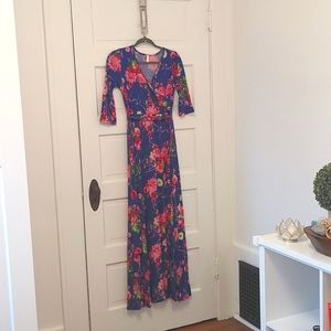 PinkBlush sz S Maternity Blue & Pink floral maxi dress v neck sash waist, small
